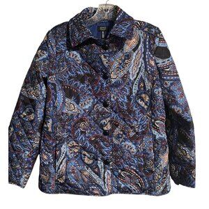 Jones New York Signature Womens Quilted Jacket Size Small Blue Paisley Button Up